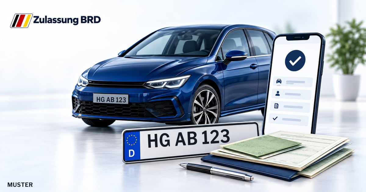 Online Fahrzeugzulassung in Hochtaunuskreis: Musterkennzeichen HG AB 123, Auto und Fahrzeugpapiere und Smartphone. Illustration mit Logo von Zulassung BRD.
